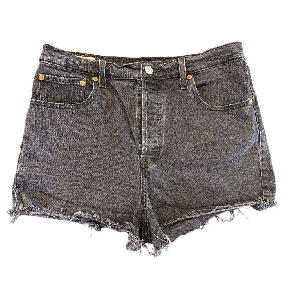 Levi's Ribcage Shorts Black Denim Raw Hem Button Fly Size 32